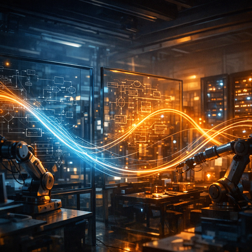 A cinematic wide shot of a dimly lit operations room filled with glass whiteboards and glowing server racks, abstract data flows represented as light trails weaving between physical workflow diagrams and robotic arms, cool blue and amber lighting, high contrast, emphasizing the intersection of software automation and real-world machinery, no text