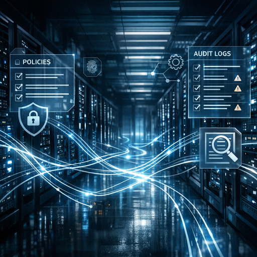 A dimly lit modern data center with glowing server racks connected by bright flowing lines of light, overlaid with translucent geometric shapes representing policies and audit logs, viewed from a wide-angle perspective, cool blue tones with sharp contrast, cinematic lighting