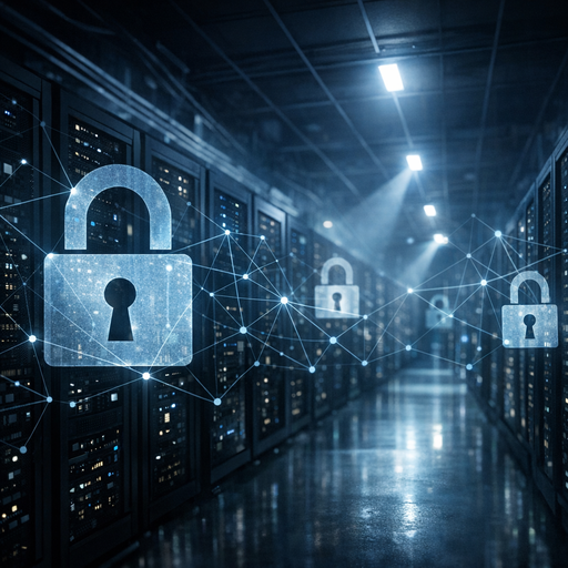 A dimly lit modern data center with racks of servers overlaid by semi-transparent geometric lock shapes and network graphs, cool blue accent lighting, wide-angle view emphasizing depth and interconnectedness, cinematic contrast with focused light beams cutting through subtle haze