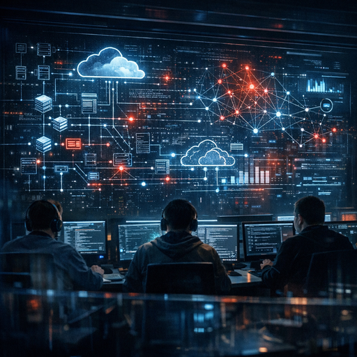 A dimly lit modern operations center at night, large wall of abstract network diagrams and cloud infrastructure graphs glowing in blue and red, multiple engineers seen from behind at workstations, subtle reflections on glass, cinematic wide-angle composition conveying complex interconnected systems and quiet urgency