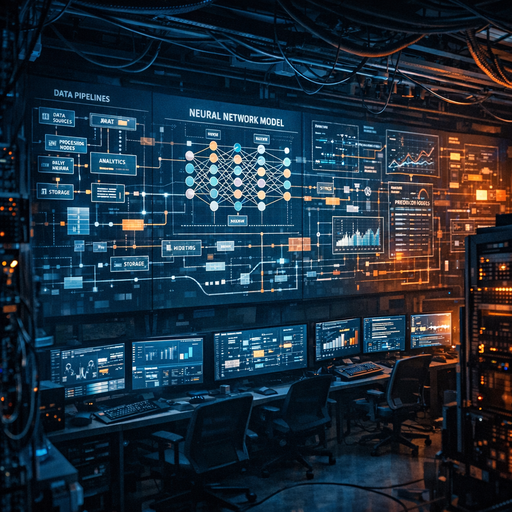 A dimly lit modern operations room with engineers monitoring interconnected data pipelines and model diagrams on large wall screens, cables and servers visible, cool blue and orange contrast lighting, wide angle composition emphasizing the complexity of the system rather than people