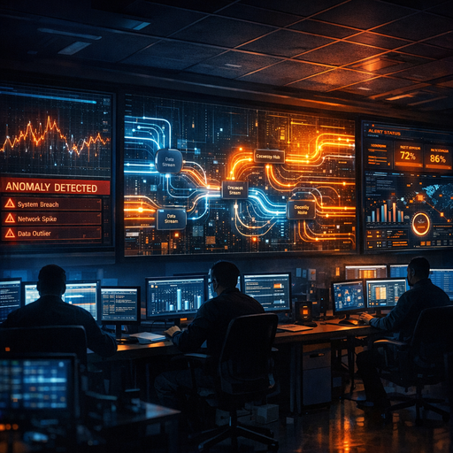 A dimly lit modern operations war room with large wall displays showing abstract graphs, anomaly alerts, and data pipelines as glowing flows, engineers’ silhouettes at desks with multiple monitors, cool blue and orange accent lighting, wide-angle composition emphasizing the complex interconnected systems