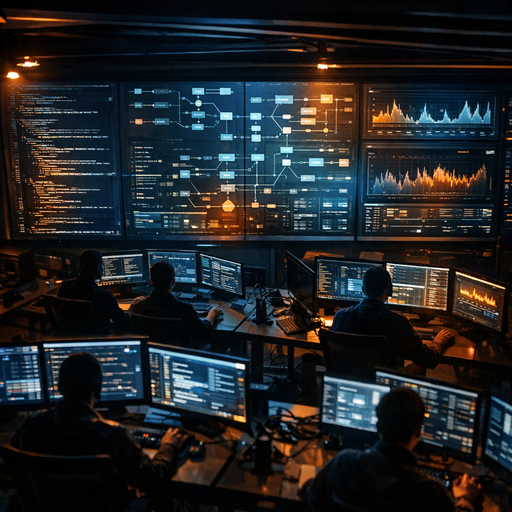 A dimly lit modern software war room, large wall of dashboards showing code, test pipelines, and anomaly graphs, engineers’ silhouettes at workstations, cool blue and amber lighting, overhead view emphasizing complex interconnected systems and flows, cinematic depth of field, no text