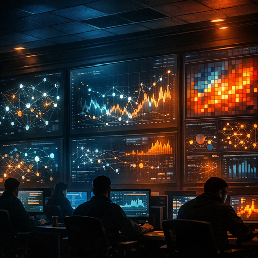 A dimly lit operations room with large wall screens displaying interconnected payment networks, transaction flows, risk graphs, and alert heatmaps; engineers silhouetted at workstations; cool blue and amber lighting; wide cinematic composition emphasizing complexity and interconnected systems, no visible text