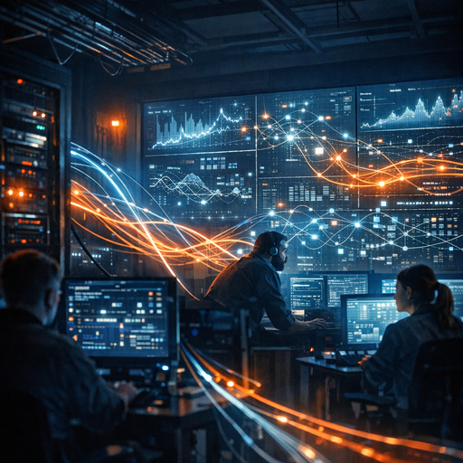 A dimly lit operations war-room with engineers examining large walls of abstract graphs and interconnected data pipelines, glowing screens reflecting on metal racks of servers, cables and data flows visualized as streams of light weaving through the room, cinematic contrast with cool blue tones and a few warm accent lights