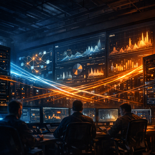 A dimly lit operations war-room with large wall screens showing abstract payment flows, risk scores, and alert graphs, intersecting colored data streams flowing between server racks, conveying a complex but controlled financial infrastructure; cinematic wide-angle shot, cool blue and amber lighting, high contrast, no text