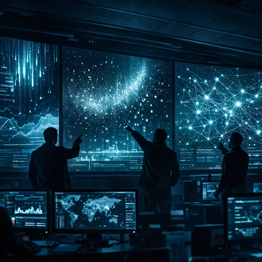 A dimly lit operations war room filled with large screens showing abstract data streams, drifting distributions, and network graphs, a few silhouetted engineers standing and pointing at the screens, cool blue and teal lighting with sharp contrast, wide cinematic composition emphasizing complex interconnected systems