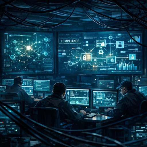 A dimly lit operations war room with large wall screens showing abstract data flows and compliance diagrams, engineers at desks reviewing system dashboards, cool blue and teal lighting, high contrast, wide-angle composition emphasizing interconnected systems and cables forming a network