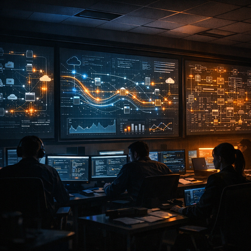 A dimly lit operations war room with large wall screens showing interconnected system diagrams and flow graphs, subtle glowing lines representing data moving through services, engineers seen in silhouette at desks, cool blue and amber lighting, cinematic wide-angle composition emphasizing complex but orderly automation