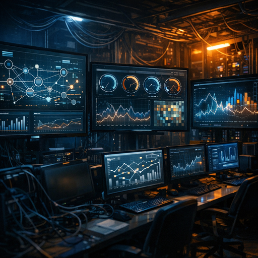 A dimly lit operations war room with multiple large screens showing abstract payment flows, risk scores, and transaction graphs, cable-laden racks in the background, cool blue and amber lighting, wide-angle composition emphasizing complex interconnected systems, no visible text