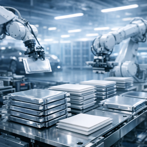 A wide-angle view of an advanced battery manufacturing line with robotic arms assembling shimmering metallic pouch cells, cool blue-white industrial lighting, soft depth of field emphasizing stacked cells and ceramic separators, subtle hints of electric vehicles and grid-scale battery racks blurred in the background, cinematic but clean and technical atmosphere