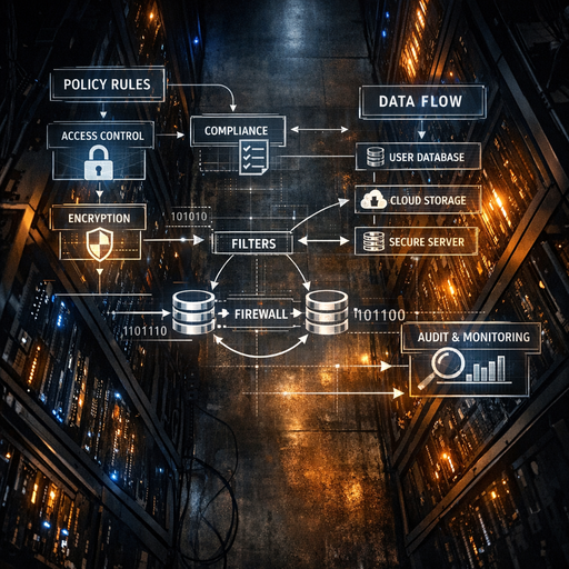 Cinematic overhead shot of a dimly lit data center corridor, servers on both sides with subtle blue and amber lights, intersected by semi-transparent floating diagrams of policy rules and data flows, conveying controlled governance over complex systems, high contrast, wide-angle composition