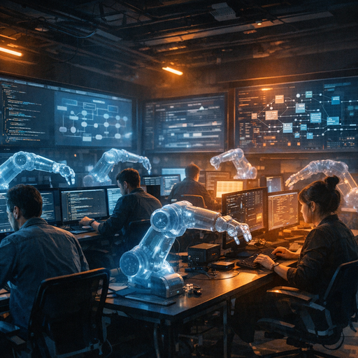 Wide-angle cinematic shot of a dimly lit software war room, multiple large monitors showing code, test pipelines, and system diagrams, with ghostly semi-transparent robotic arms assisting human engineers at desks, cool blue and amber contrast lighting, high-tech but realistic atmosphere, no visible text