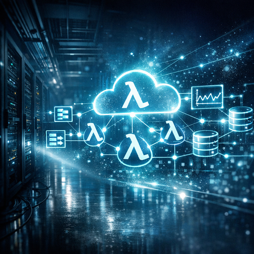 Wide-angle shot of a dimly lit data center morphing into abstract cloud architecture diagrams made of light, with lambda-shaped nodes, queues, and metrics graphs interconnected, cool blue and teal tones, dramatic side lighting, high contrast, professional cinematic style