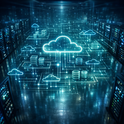Wide-angle view of a dimly lit data center morphing into abstract cloud architecture diagrams made of glowing lines, overhead perspective, cool blue and teal lighting, subtle reflections on the floor, no people, cinematic depth of field