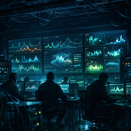 Wide-angle view of a dimly lit operations war room with large wall screens showing streaming graphs, anomaly alerts, and model performance metrics; engineers’ silhouettes at desks surrounded by servers and cables; cool blue and green tones with sharp contrast, cinematic lighting emphasizing the complexity of interconnected systems, no text visible