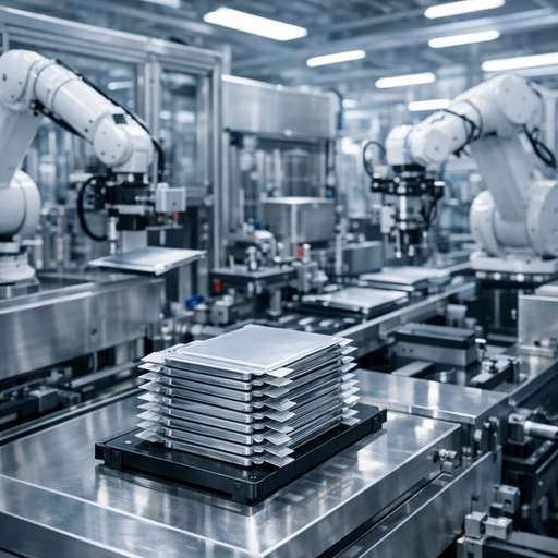 Wide-angle view of a modern battery pilot manufacturing line producing solid-state cells, with robotic arms, stacked pouch cells, and stainless-steel equipment under cool white industrial lighting, subtle depth of field emphasizing layered materials and machinery complexity, no people visible