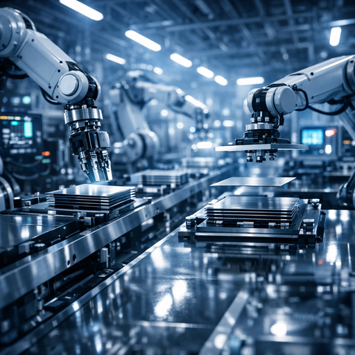 Wide-angle view of an advanced battery manufacturing line producing solid-state cells, robotic arms handling thin stacked layers, cool industrial lighting with blue and white tones, high contrast reflections on metallic surfaces, faint glow from test equipment, cinematic depth of field emphasizing precision engineering