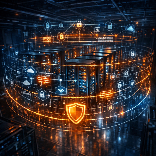 Wide cinematic shot of a dimly lit data center with interlocking transparent network diagrams floating in the air, blue and amber accent lighting, showing layered defenses around glowing server racks, viewed from slightly above for a systems-level perspective, no people, high contrast and sharp detail