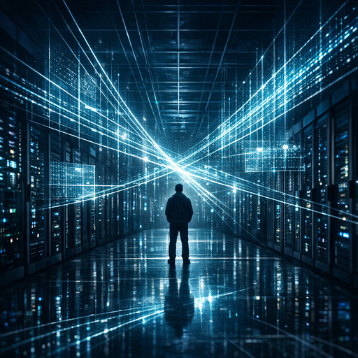 Wide cinematic shot of a dimly lit data center corridor with server racks on both sides, abstract glowing data flows forming policy-like grids in the air, a single engineer standing at a distance looking at intersecting light paths, cool blue and teal lighting with sharp contrast, high-detail, no text