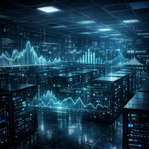 Wide cinematic shot of a dimly lit data center floor with overlapping translucent graphs and data streams floating above server racks, cool blue and teal lighting, high contrast, conveying live monitoring and complex system behavior, no people, slightly elevated angle