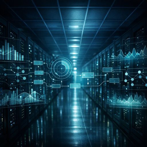 Wide cinematic shot of a dimly lit data center corridor, rows of server racks receding into the distance, overlaid with semi-transparent abstract graphs and policy diagrams floating in the air, cool blue and teal lighting with sharp contrast, suggesting data flows and control systems without any text or logos