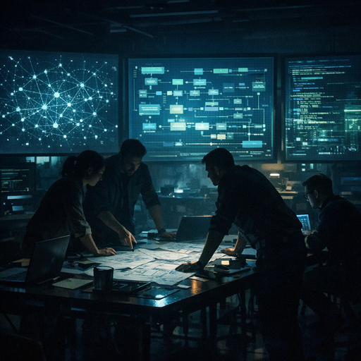 Wide cinematic shot of a dimly lit modern engineering war room, multiple large screens showing network graphs, code maps, and test pipelines glowing in blues and greens, silhouetted engineers collaborating around a central table covered in sketches and laptops, strong contrast and moody lighting, high-tech atmosphere, no text