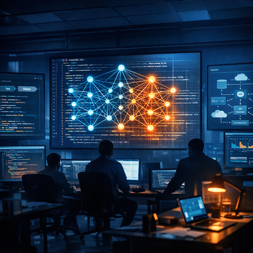 Wide cinematic shot of a modern software war room at night, multiple large screens showing code, test pipelines, and system diagrams, one screen displaying a glowing neural network graph overlaid on a codebase, cool blue lighting with subtle orange highlights from desk lamps, engineers as silhouettes in the background, focus on the interplay between traditional tooling and abstract AI structures