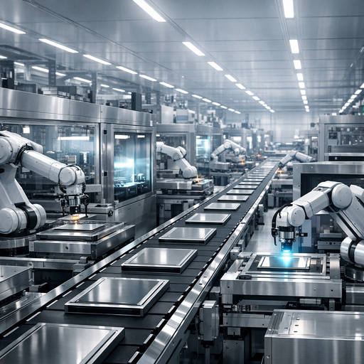 Wide cinematic shot of an advanced battery manufacturing line producing sleek solid-state battery cells, with robotic arms, stainless steel machinery, and soft white overhead lighting, viewed from a slightly elevated angle to show depth and scale, faint glow from inspection stations, no people in close-up, industrial yet clean and precise atmosphere