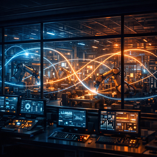 Wide cinematic shot of an automated factory control room at night, glowing dashboards and robotic arms visible behind glass walls, subtle cables and data flows represented as soft light trails connecting machines, cool blue and amber lighting, high contrast, slightly elevated angle, no people, abstract sense of orchestration and complexity