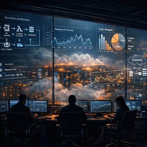 Wide cinematic view of a dimly lit operations room overlooking a glowing cloud data center, with layered translucent diagrams of serverless architectures, metrics, and cost graphs floating in the air, cool blue and amber lighting, high contrast, professional and technical atmosphere