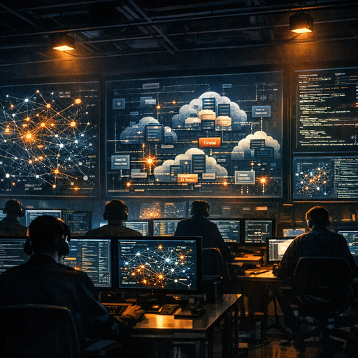 Wide cinematic view of a dimly lit operations war room filled with large screens showing network graphs, code, and cloud architecture diagrams, engineers silhouetted in front of workstations, cool blue and amber lighting, high contrast, emphasizing complex interconnected systems and a sense of calm vigilance