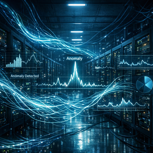 Wide shot of a dimly lit data center with tangled glowing data streams flowing between racks, overlayed by translucent graphs and anomaly curves hovering in the air, cool blue and teal lighting with sharp contrast, cinematic composition emphasizing scale and interconnected systems, no people