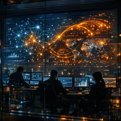 Wide shot of a dimly lit operations floor at night, large wall of abstract network graphs and transaction flows glowing in blue and amber, engineers’ silhouettes at workstations, subtle reflections on glass, cinematic lighting emphasizing the complexity and intensity of real-time financial monitoring