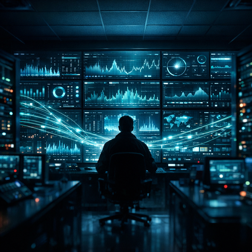 A dimly lit control room filled with server racks and glowing dashboards, data streams flowing as luminous lines between machines, a single engineer silhouetted in front of a massive wall of metrics and graphs, cinematic wide-angle shot, cool blue and teal tones with sharp contrast, subtle motion blur suggesting live systems in flux, no text
