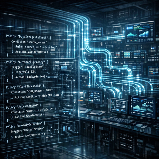 A dimly lit, modern control room with transparent data pipelines glowing in neon blues, branching into multiple monitored nodes; in the foreground, a wall of code-like policies overlaid on schematic diagrams of systems, hinting at automation and oversight; cinematic wide shot, high contrast, sharp focus, no people visible.