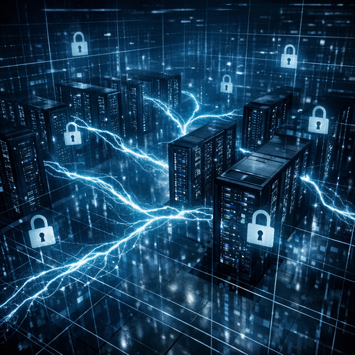 A dimly lit modern data center with glowing server racks connected by bright, branching data streams, overlaid by translucent gridlines and lock icons, viewed from a high angle, cinematic wide shot, cool blue tones with sharp contrast