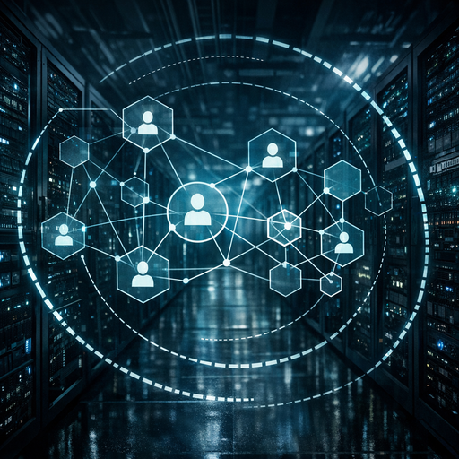 A dimly lit modern data center with rows of servers, overlaid by translucent, interlocking geometric shapes representing identity graphs and network boundaries, cool blue and teal lighting with sharp contrast, wide-angle composition emphasizing depth and complexity, no people, cinematic style