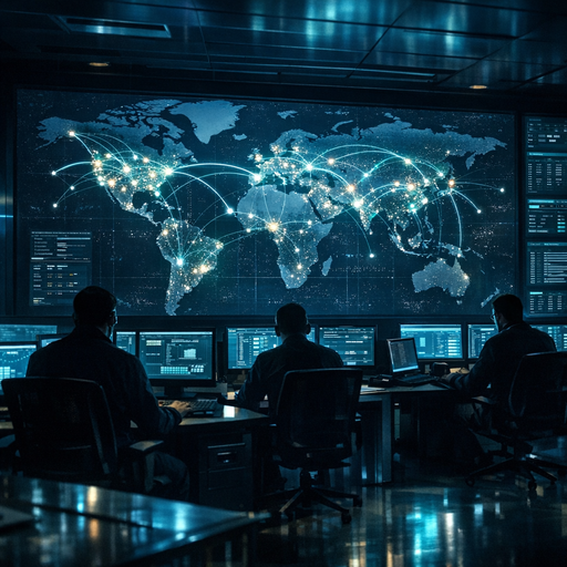 A dimly lit modern operations room with large wall screens visualizing payment flows as glowing network graphs over a world map, engineers silhouetted in front of desks with multiple monitors, cool blue and teal tones, cinematic wide-angle composition, subtle light reflections on glass and metal surfaces