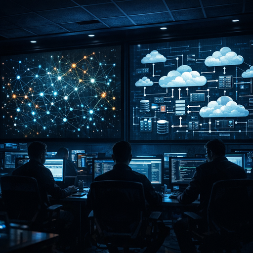 A dimly lit operations war room with large wall displays showing abstract network graphs and cloud infrastructure diagrams, a few engineers silhouetted in front of glowing monitors, cool blue accent lighting, high contrast, wide-angle composition emphasizing complex interconnected systems