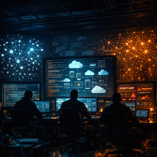 A wide-angle view of a dimly lit operations room at night, walls covered in abstract network graphs and glowing node diagrams, a few engineers silhouetted against large monitors showing intersecting lines of code, cloud infrastructure schematics, and alert dashboards, cool blue and amber lighting creating a cinematic, high-stakes yet controlled atmosphere