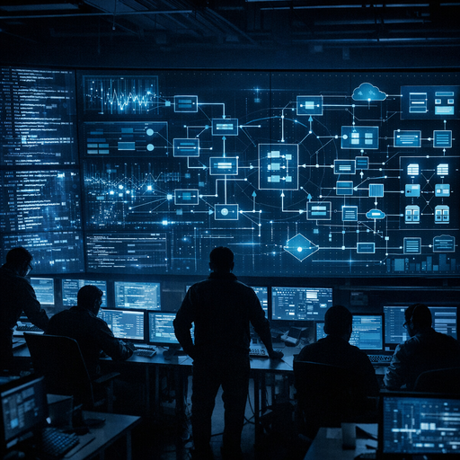Cinematic wide shot of a dimly lit operations war room with engineers silhouetted against a wall of monitors showing abstract code graphs, test pipelines, and deployment diagrams, cool blue lighting with sharp contrast, overhead perspective emphasizing complex interconnected systems, no text or logos