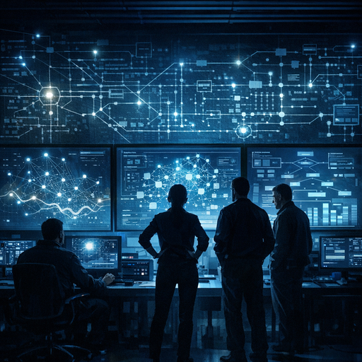 Cinematic wide shot of a dimly lit security operations room at night, walls covered in interconnected data flow diagrams and glowing system maps, a small group of engineers silhouetted against large screens showing abstract graphs and policy rules, cool blue lighting with sharp contrast, conveying complex oversight and governance of AI systems, no text