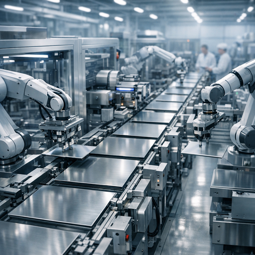 Wide cinematic shot of an advanced battery manufacturing line producing thin solid-state cells, with robotic arms, stainless steel machinery, and soft cool-white industrial lighting reflecting on smooth metal surfaces, viewed from a slight overhead angle to show depth and scale, engineers in the background blurred and secondary