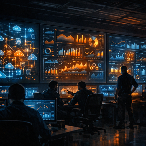 Wide cinematic view of a dimly lit cloud operations war room, walls covered with abstract system topology diagrams and metric graphs glowing in blue and orange, a few silhouetted engineers reviewing large screens, conveying complex interconnected serverless workloads and cost dashboards, high contrast, sharp details, no text