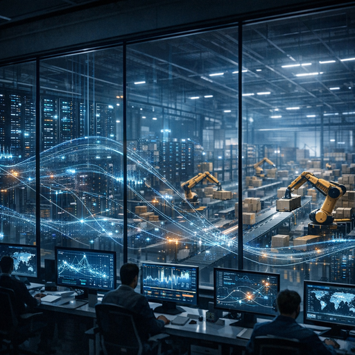 Wide shot of a dimly lit operations center with glass walls, showing interconnected servers, flowing data visualizations, and robotic arms moving packages on a warehouse floor below, illuminated by cool blue and white light, conveying orchestration between software agents and physical systems, with a strong sense of depth and systems complexity, no text